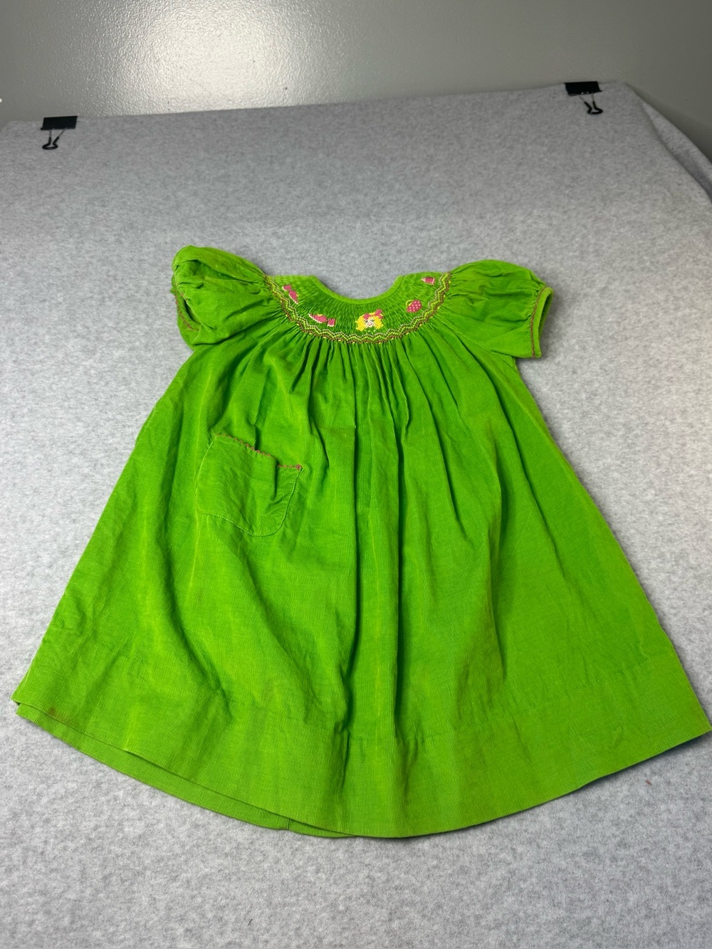 Girls' Bright Green Smocked Pocket Embroidered Heirloom Dress